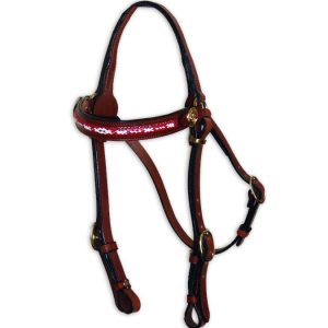 Barcoo Show Bridle with red / white braided browband & brass fittings
