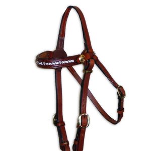Barcoo Show Bridle with brown / white braided browband & brass fittings